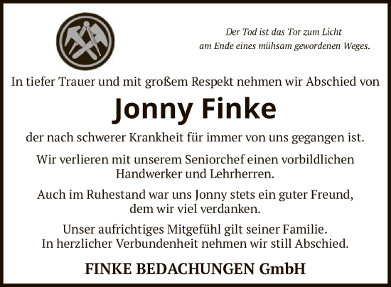 Todesanzeige von Jonny Finke von SYK