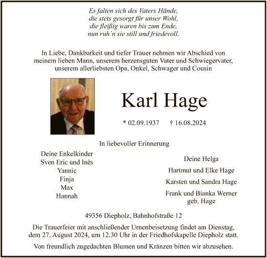 Todesanzeige von Karl Hage von SYK