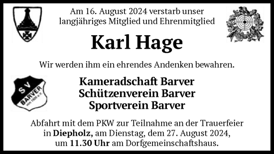 Todesanzeige von Karl Hage von SYK