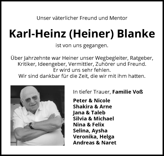 Todesanzeige von Karl-Heinz Heiner Blanke von SYK