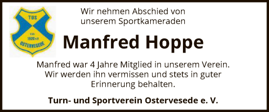 Todesanzeige von Manfred Hoppe von SYK