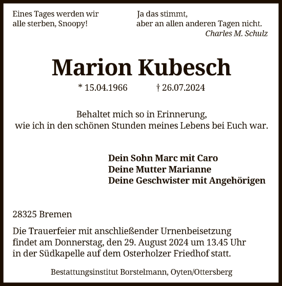 Todesanzeige von Marion Kubesch von SYK