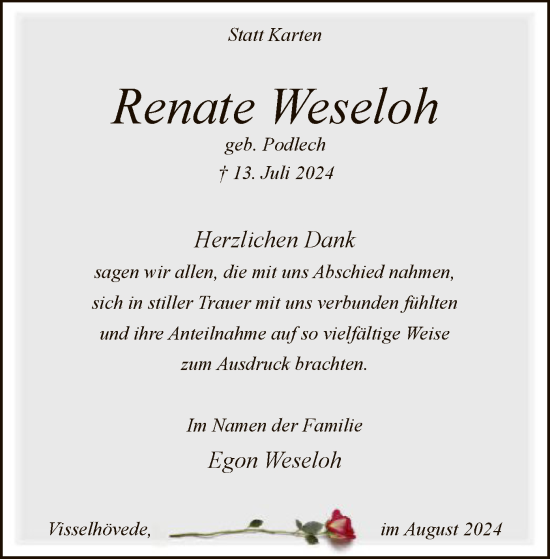 Todesanzeige von Renate Weseloh von SYK