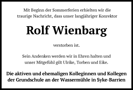Todesanzeige von Rolf Wienbarg von SYK