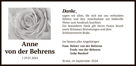 Todesanzeige von Anne von der Behrens von SYK