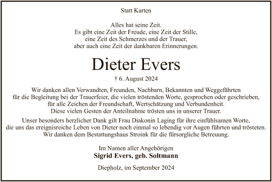 Todesanzeige von Dieter Evers von SYK