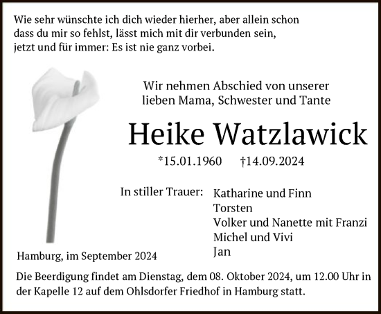 Todesanzeige von Heike Watzlawick von SYK