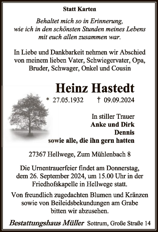 Todesanzeige von Heinz Hastedt von SYK