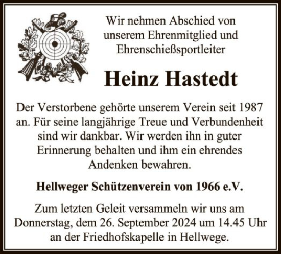 Todesanzeige von Heinz Hastedt von SYK