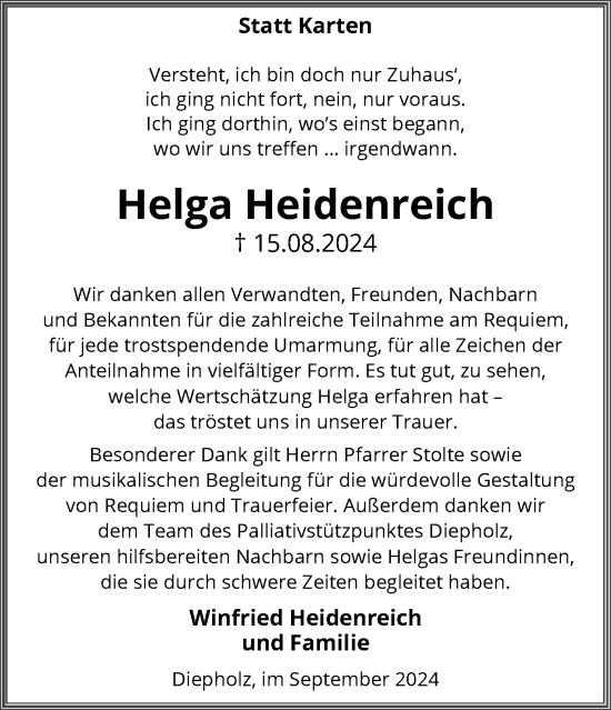 Todesanzeige von Helga Heidenreich von SYK
