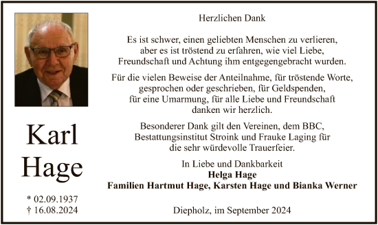 Todesanzeige von Karl Hage von SYK