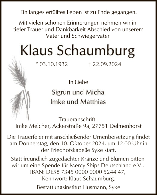 Todesanzeige von Klaus Schaumburg von SYK