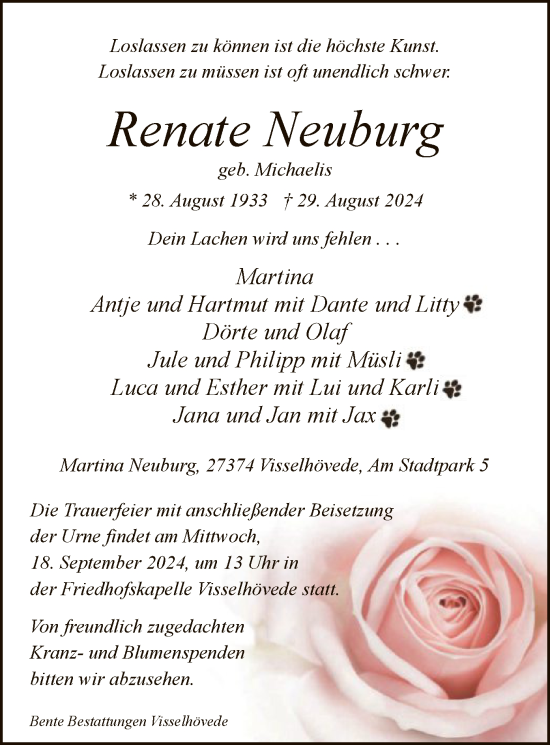 Todesanzeige von Renate Neuburg von SYK