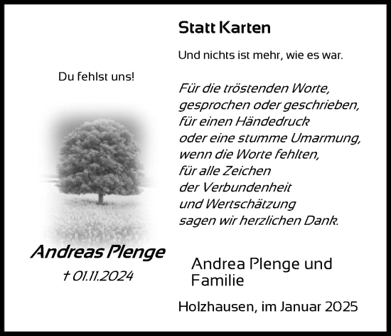 Todesanzeige von Andreas Plenge von SYK