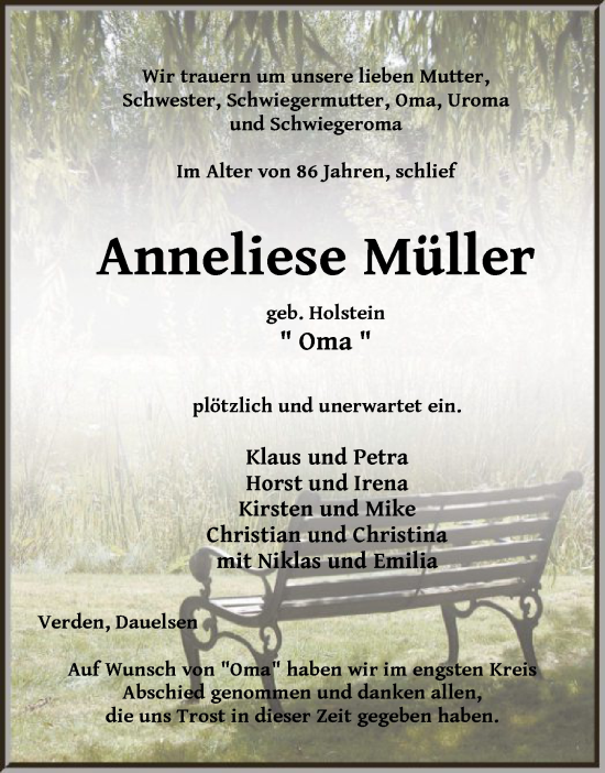 Todesanzeige von Anneliese Müller von SYK