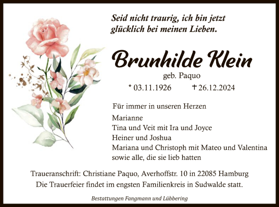 Todesanzeige von Brunhilde Klein von SYK