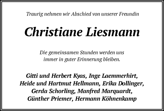 Todesanzeige von Christiane Liesmann von SYK