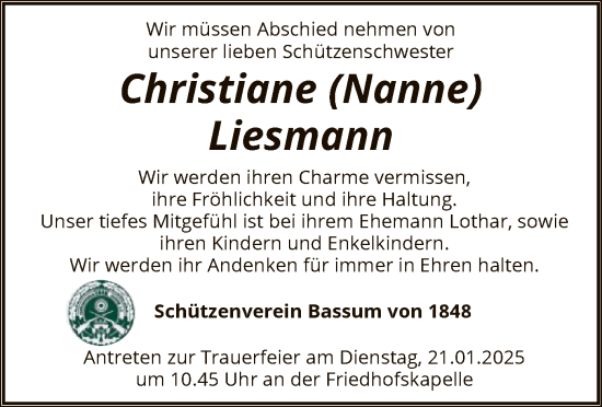 Todesanzeige von Christiane Liesmann von SYK