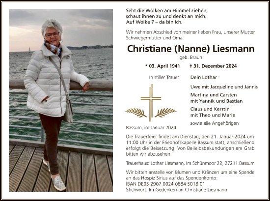 Todesanzeige von Christiane Liesmann von SYK