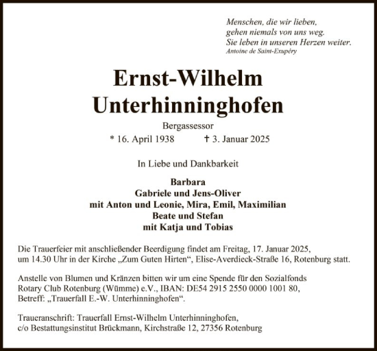 Todesanzeige von Ernst-Wilhelm Unterhinninghofen von SYK