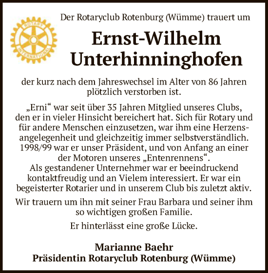 Todesanzeige von Ernst-Wilhelm Unterhinninghofen von SYK