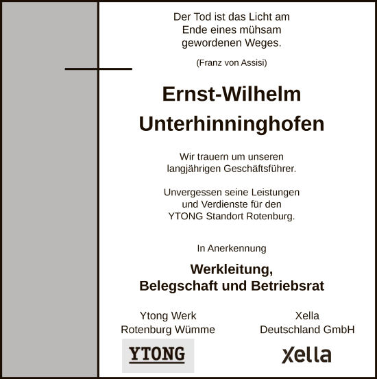 Todesanzeige von Ernst-Wilhelm Unterhinninghofen von SYK