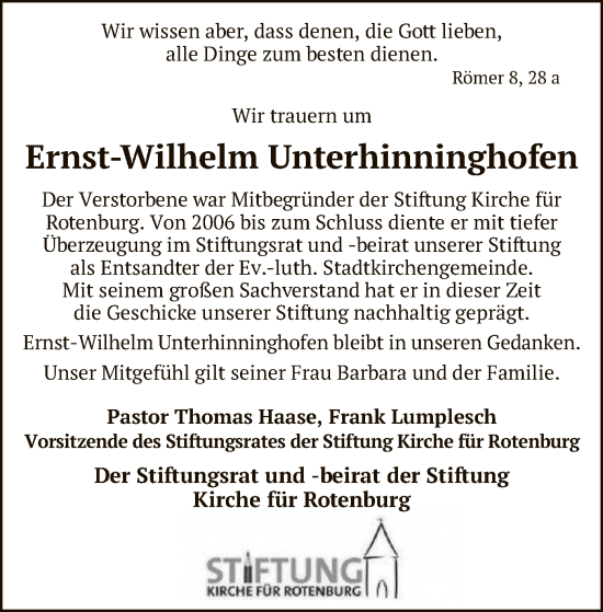 Todesanzeige von Ernst-Wilhelm Unterhinninghofen von SYK
