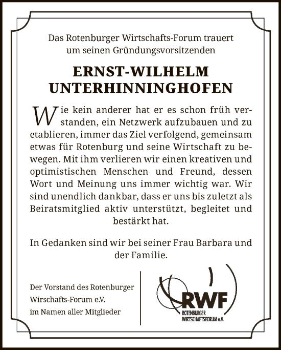 Todesanzeige von Ernst-Wilhelm Unterhinninghofen von SYK