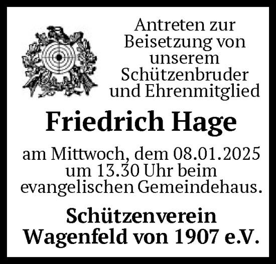 Todesanzeige von Friedrich Hage von SYK