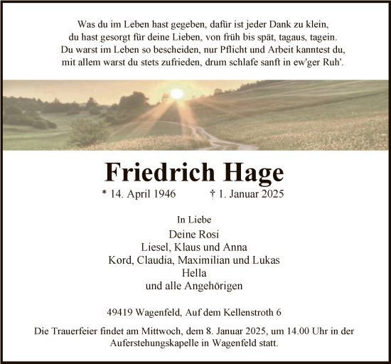 Todesanzeige von Friedrich Hage von SYK