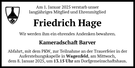 Todesanzeige von Friedrich Hage von SYK