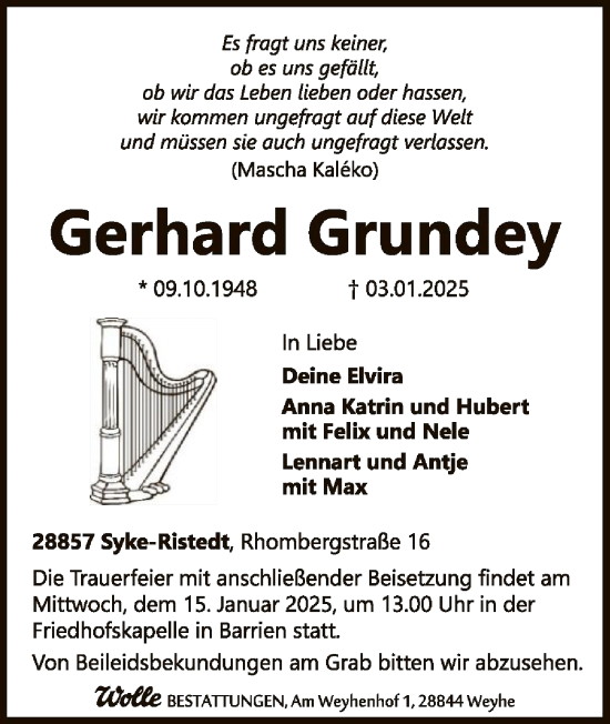 Todesanzeige von Gerhard Grundey von SYK