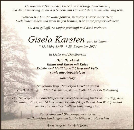 Todesanzeige von Gisela Karsten von SYK