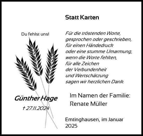 Todesanzeige von Günther Hage von SYK