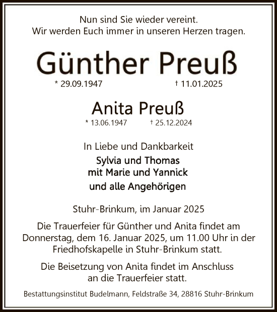Todesanzeige von Günther und Anita  Preuß von SYK