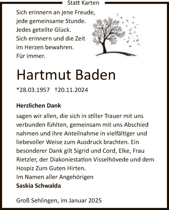 Todesanzeige von Hartmut Baden von SYK