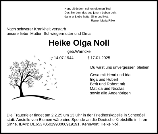 Todesanzeige von Heike Olga Noll von SYKSYK