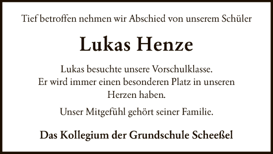 Todesanzeige von Lukas Henze von SYK