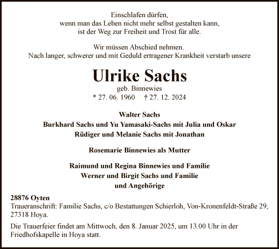 Todesanzeige von Ulrike Sachs von SYKSYK