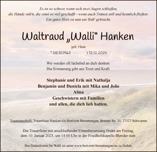 Todesanzeige von Waltraud Hanken von SYKSYK