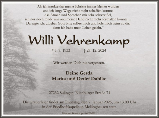Todesanzeige von Willi Vehrenkamp von SYK