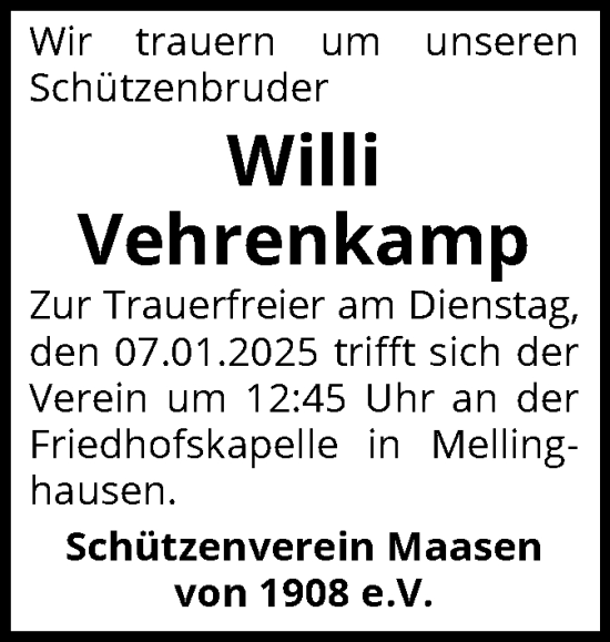 Todesanzeige von Willi Vehrenkamp von SYK