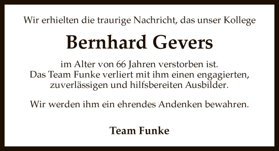 Todesanzeige von Bernhard Gevers von SYKS