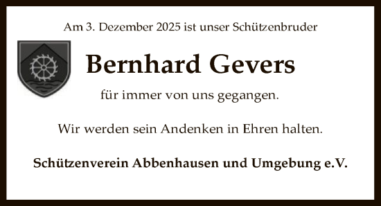 Todesanzeige von Bernhard Gevers von SYKS