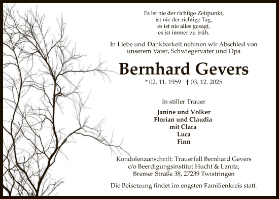 Todesanzeige von Bernhard Gevers von SYKSSYKS