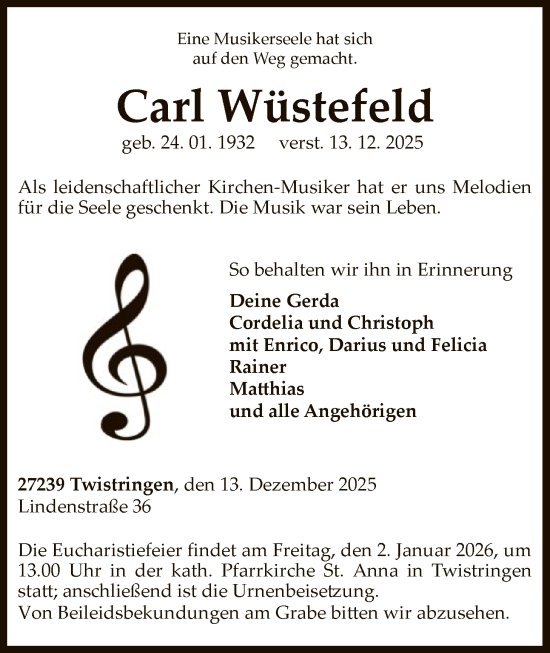 Todesanzeige von Carl Wüstefeld von SYKS