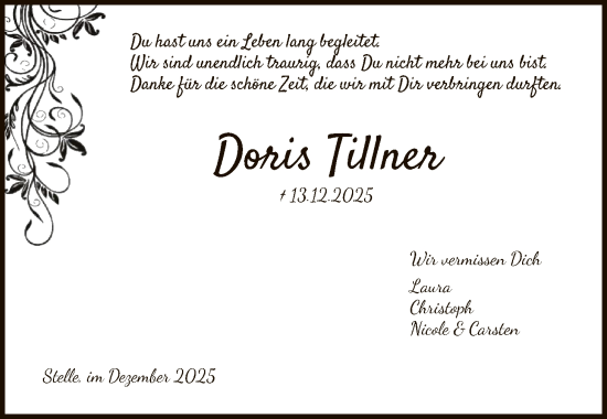 Todesanzeige von Doris Tillner von SYKS