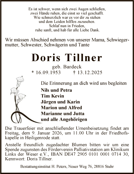 Todesanzeige von Doris Tillner von SYKS