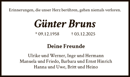 Todesanzeige von Günter Bruns von SYKS