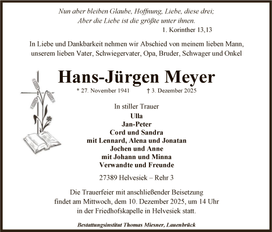 Todesanzeige von Hans-Jürgen Meyer von SYKR